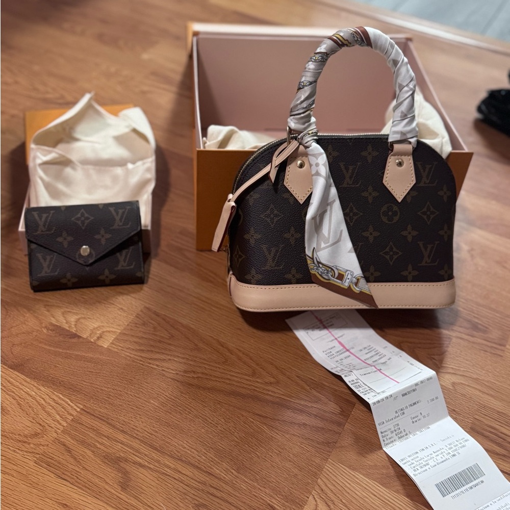 Louis Vuitton Tangerine Tote with Navy Accents, Alma BB, Scarf, and wallet